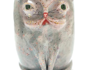 Hand-sculpted Cat Mug with Gold Accents – Whimsical Ceramic Pottery Cup – Large Animal Drinkware
