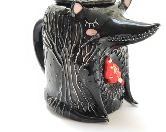 Handmade Wolf Ceramic Jar with Lid – Little Red Riding Hood Sculpture Container