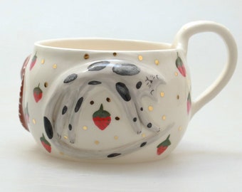 Fairytale mug with lovely cats, strawberries and gold dots - ceramic mug