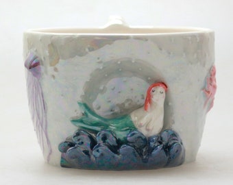 Fairytale mug with lovely mermaid - ceramic mug, ocean life, jellyfish, crab, ocean waves