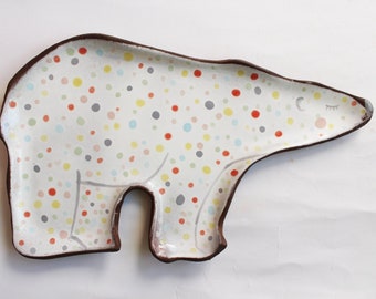 Handmade Ceramic Polar Bear Plate – Pastel Stoneware Ring Dish / Trinket Tray