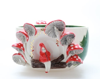Hand‑made Little Red Riding Hood Ceramic Bowl – Illustrated Mushroom Forest Art