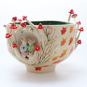 Handmade Fairy Tale Ceramic Bowl: Owl, Mouse & Mushroom Design
