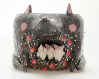 Handmade Ceramic Wolf Bowl Sculptural Animal Bowl Fantasy Pottery Woodland Decor Unique Art Bowl Whimsical Creature Dish Three Little Pigs
