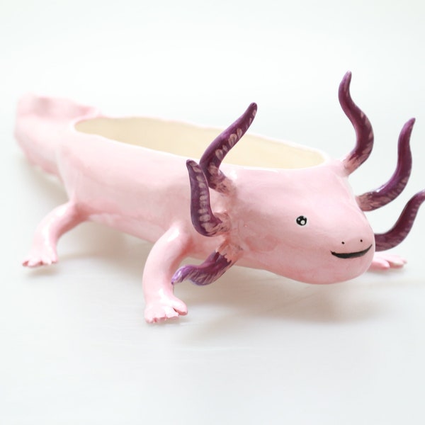 Super cute axolotl, animal planter, handmade planter, ceramic planter