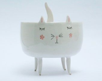 Maurice le chat - cuvette douce de chat en céramique, planteur, planteur d’animal, plat d’anneau fait à l’ordre