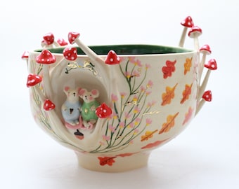 Handmade Fairy Tale Ceramic Bowl – Owl, Mouse & Mushroom Art