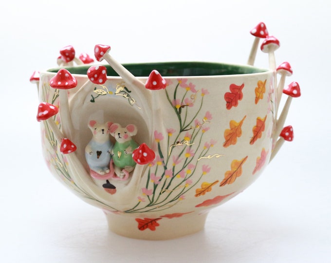 Featured listing image: Handmade Fairy Tale Ceramic Bowl – Owl, Mouse & Mushroom Art