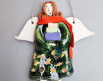 Hand-painted Ceramic Autumn Angel Wall Hanging • Forest Leaves & Acorns Home Decor