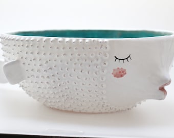 Ręcznie robiona ceramiczna umywalka w kształcie ryby rozdymkowatej – turkusowo-węglowa umywalka łazienkowa