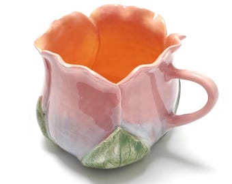 Handmade Flower Mug | Ceramic Floral Coffee Cup | Pink Pottery Mug | Cottagecore Tea Cup | Botanical Handmade Gift