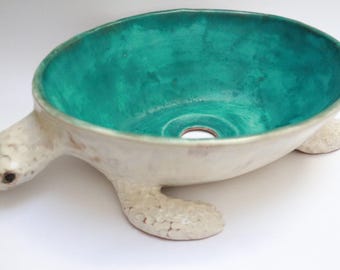 Handmade Ceramic Turtle Wash Basin | Turquoise Table‑Top Vessel Sink