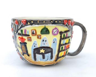 Hand-painted Ceramic Mug “Ghosts in the Cottage” • Whimsical Woodland Spirits Drinkware • Artisan Gift for Women