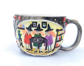 Hand-painted Ceramic Mug “Witches in the Cottage” • Autumn Witchcraft Art Pottery • Artisan Gift for Women