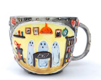 Ghosts in the cottage, ceramic mug, illustrated ceramics, halloween, magic, witchcraft, gold decoration
