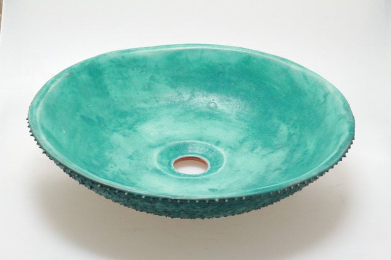 READY TO SHIP Turquoise satin prickly table top sink, washbasin, bathroom sink, handmade ceramic sink image 2