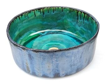 Handmade Round Ceramic Vessel Sink – Artistic Green Blue Glaze Countertop Basin, made to order
