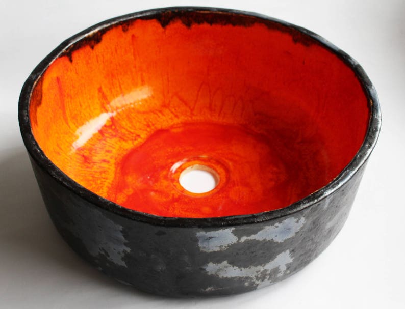 Fiery orange & charcoal table top sink, washbasin, bathroom sink, handmade ceramic sink, made to order image 3