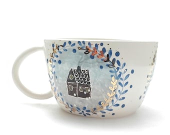Handmade Winter Cottage Ceramic Mug – Hand Painted Fairy Tale Design
