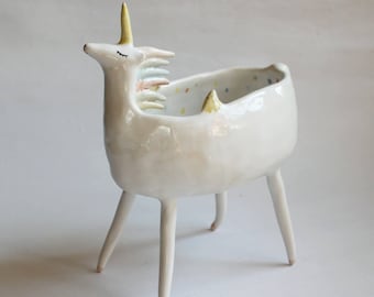 Sequin the Unicorn - ceramic unicorn bowl, planter MADE TO ORDER