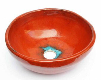 Handmade Red & Turquoise Ceramic Vessel Sink – Artisan Table‑Top Washbasin