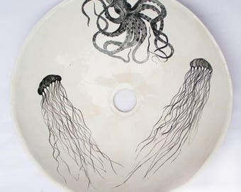 Handmade Ceramic Sink – Octopus & Jellyfish Under‐sea Art Basin – Unique Bathroom Vessel Basin