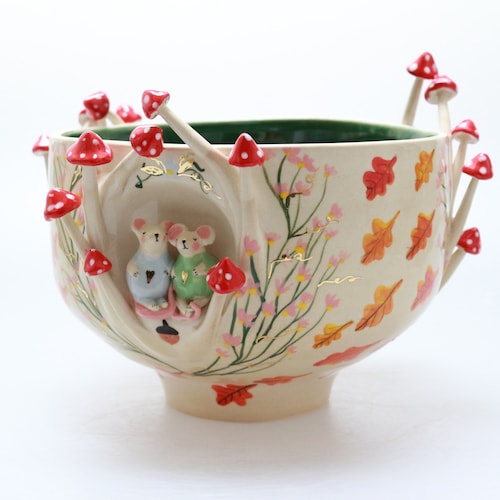 Handmade Fairy Tale Ceramic Bowl – Owl, Mouse & Mushroom Art