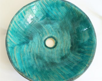 Handmade Turquoise Waves Ceramic Vessel Sink – Artisan Bathroom Basin – Bespoke Table‑Top Vanity Bowl