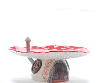 Fairy Mushroom Cake Stand Handmade Ceramic Amanita Pedestal Plate Whimsical Cottage Decor Mouse House Sculpture Fantasy Pottery Centerpiece