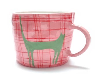 Hand-Painted Pink Plaid Cat Mug | Whimsical Stoneware Coffee Cup