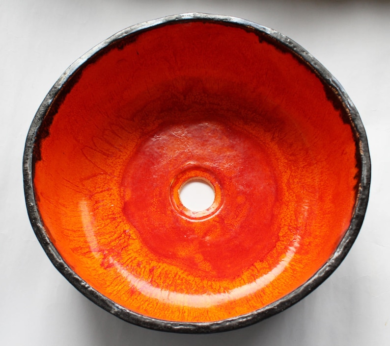 Fiery orange & charcoal table top sink, washbasin, bathroom sink, handmade ceramic sink, made to order image 4