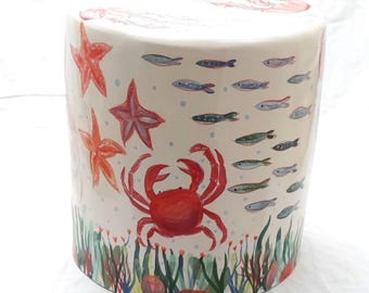 Hand-Painted Ceramic Stool, Ocean Scene, Handmade Accent Table