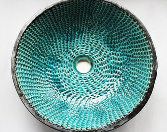 Turquoise Fish-Scale Ceramic Sink – Handmade Table-Top Basin, Artisan Bathroom Washbasin