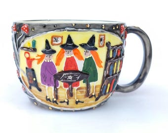 Hand-painted Ceramic Mug “Witches in the Cottage” • Autumn Witchcraft Art Pottery • Artisan Gift for Women