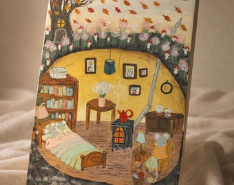 Original Acrylic Illustration Painting – Whimsical Woodland Interior, Collectible Storybook Art, Cottagecore Fine Art, A4