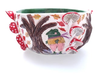 Fairy tale bowl, mushrooms bowl, The Wind in the Willows, cute bowl, handmade bowl, illustrated ceramics