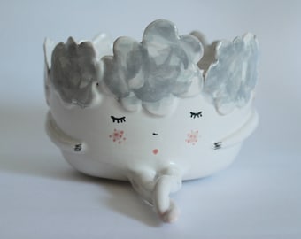 Hand‑made “Dreamer Girl” Ceramic Bowl & Planter – Illustrated Whimsical Face Art
