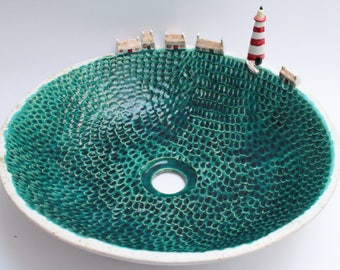 Handmade Ceramic Sink Basin Lighthouse Coastal Bathroom Vessel Sink Ocean Wave Texture Unique Art Sink Cottage Style
