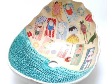 Hand Painted Beach Day Ceramic Vessel Sink – Whimsical Illustrations and Turquoise Water Texture – Unique Art Basin