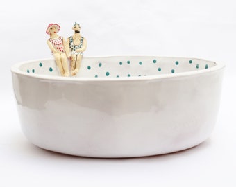 Overtop ceramic handmade basin, ceramic sink, handpainted, retro swimmers, overt top basin MADE TO ORDER