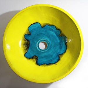 Yellow & turquoise table top ceramic sink, bathroom sink, handmade ceramic sink, made to order