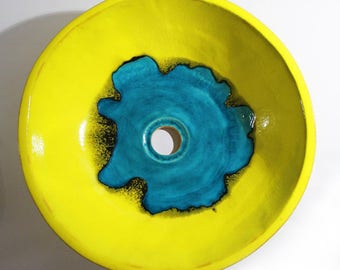 Handmade Yellow & Turquoise Ceramic Vessel Sink – Artisan Bathroom Basin – Unique Table-Top Vanity Bowl