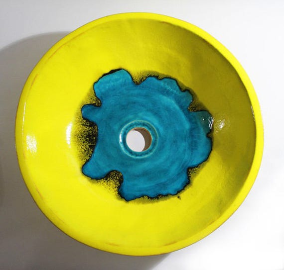 Handmade Yellow & Turquoise Ceramic Vessel Sink – Artisan Bathroom Basin – Unique Table-Top Vanity Bowl