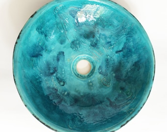 Handmade Turquoise Jellyfish Ceramic Vessel Sink – Artisan Table‑Top Bathroom Basin