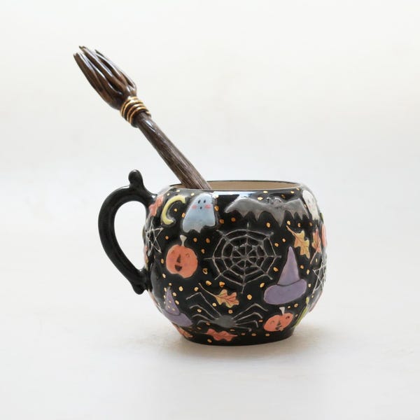 Spooky mug, cauldron with broom set, halloween, pastel, ceramic mug, illustrated ceramics, magic, witchcraft, gold decoration