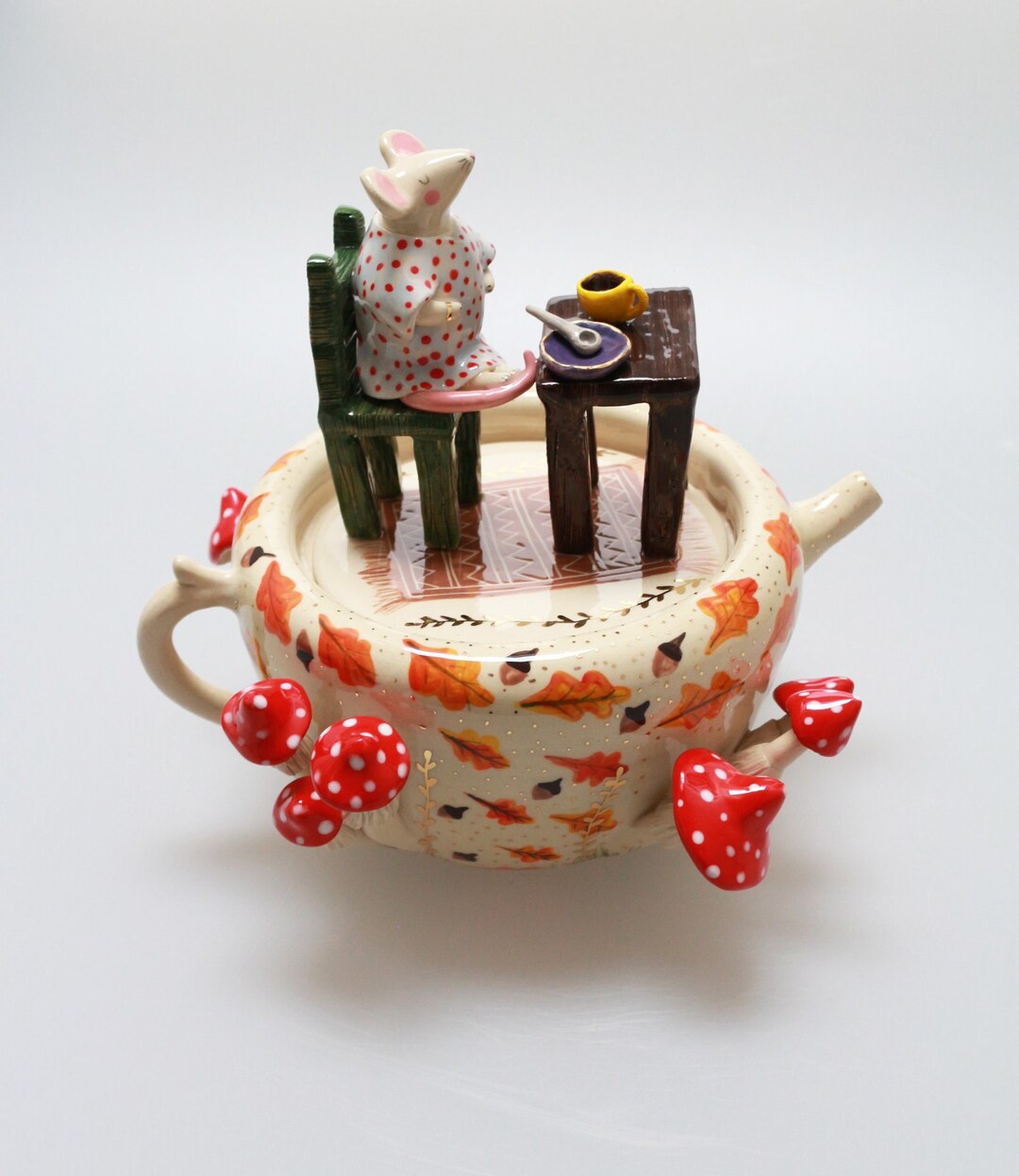 Fairy Tale Teapot , Mushrooms, Flowers, Mouse in the House, Cute Teapot