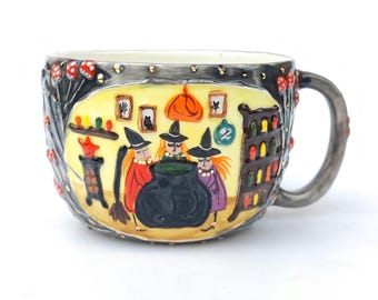Hand-painted Ceramic Mug “Witches in the Cottage” • Autumn Witchcraft Art Pottery • Artisan Gift for Women
