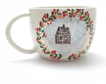 Handmade Winter Cottage Mug – Hand Painted Ceramic Christmas Cup