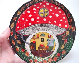 fairy tale illustration on a ceramic plate, fall, hand-painted ceramic plate, autumn, illustrated ceramic plate, red toadstool, mushroom