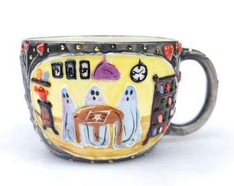 Hand-painted Ceramic Mug “Ghosts in the Cottage” • Whimsical Woodland Spirits Drinkware • Artisan Gift for Women